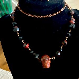 Howlite Skull Necklace. One of a Kind. Copper and black.